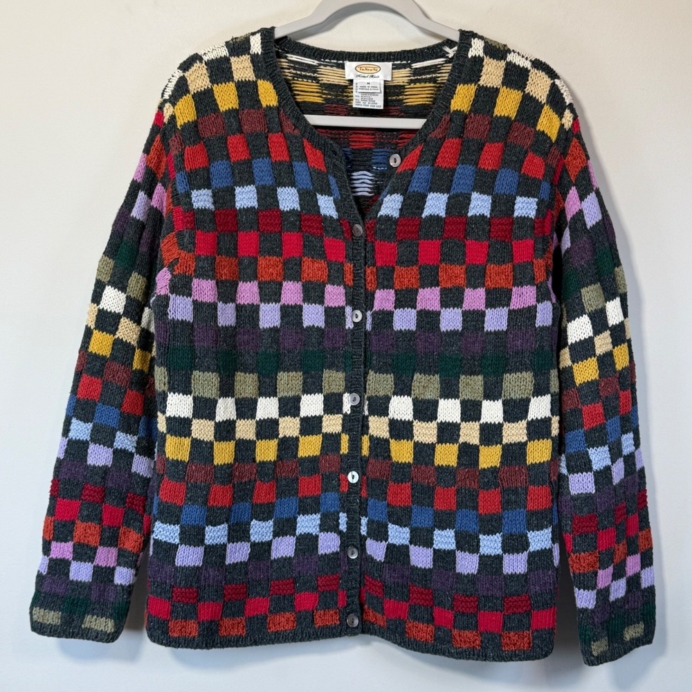 Talbots Cardigan Women Med Multi Color Excellent Hand Knit Silk Blend Checkered
